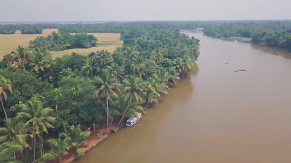 Kerala backwaters scenery at Alleppey, India. Aerial drone view alt