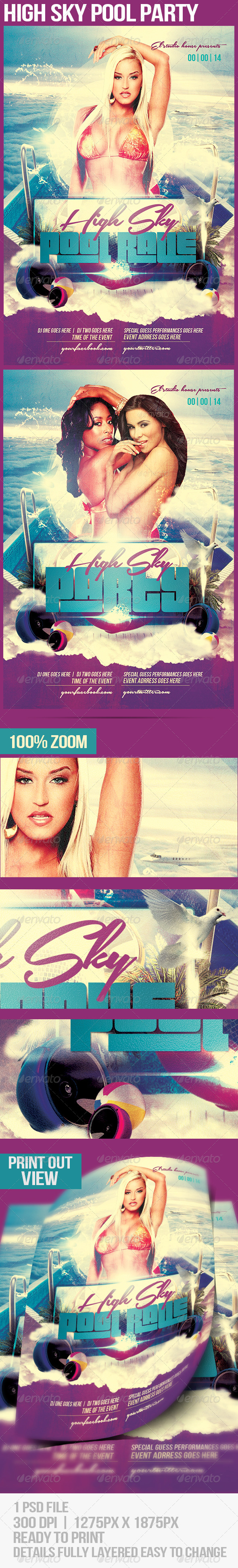 High Sky Pool Party Flyer - Flyers Print Templates
