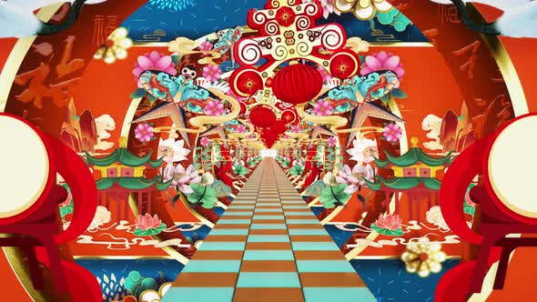 Chinese Red New Year Cartoon Painting Stage Background