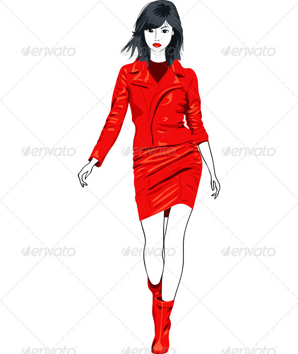 Vector fashion Asian girl in a red leather suit