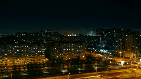 night big city aerial view, time lapse