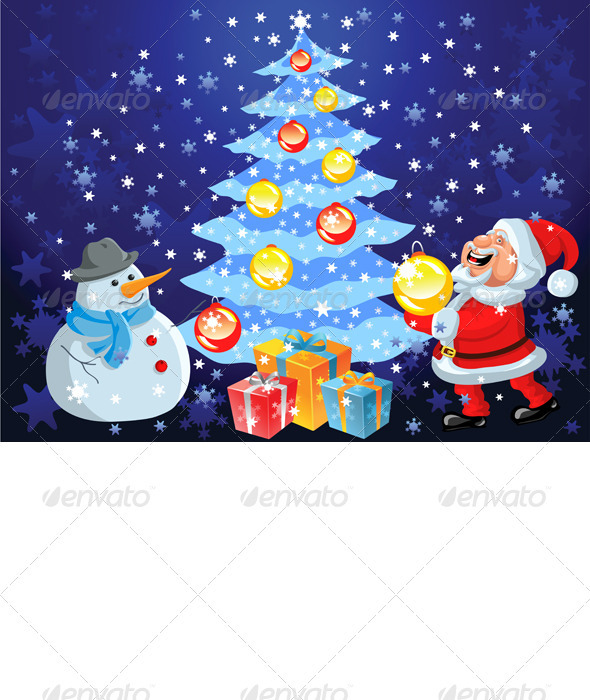 Vector happy Santa Claus and snowman decorate the 