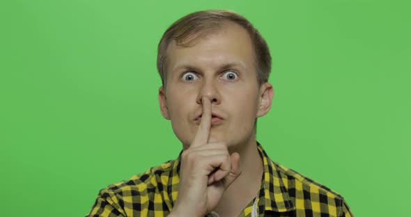 Man Keeping a Secret or Asking for Silence, Serious Face, Obedience Concept alt