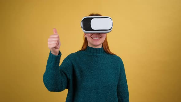 Young Woman Using VR App Headset Helmet