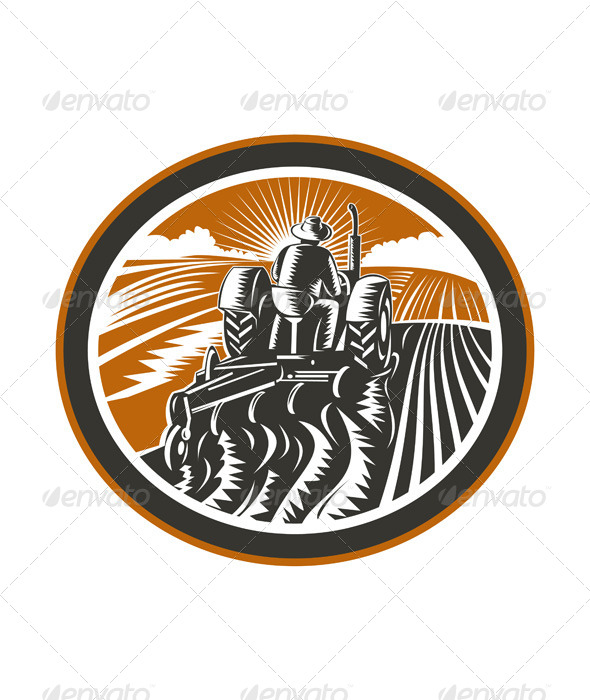 Farmer Driving Tractor Plowing Field Retro - People Characters
