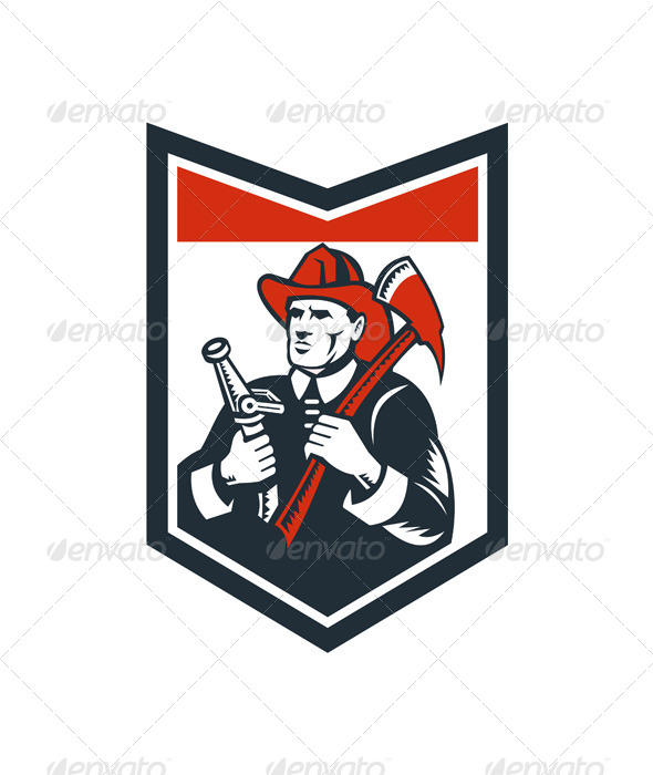 Fireman Firefighter Carry Axe Hose Shield Woodcut - People Characters