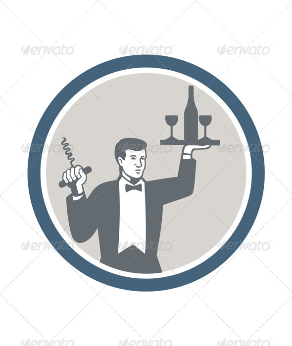 Waiter Serving Wine Bottle on Platter Retro - People Characters