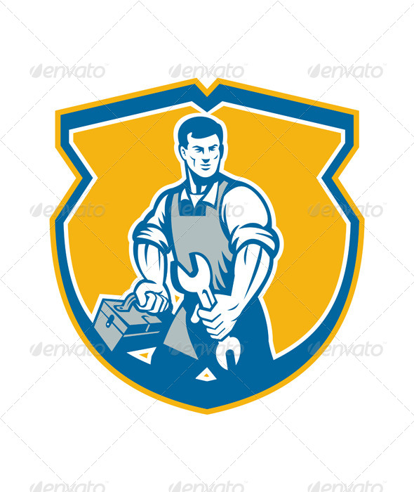 Mechanic Holding Spanner Wrench Toolbox Crest Retro - People Characters