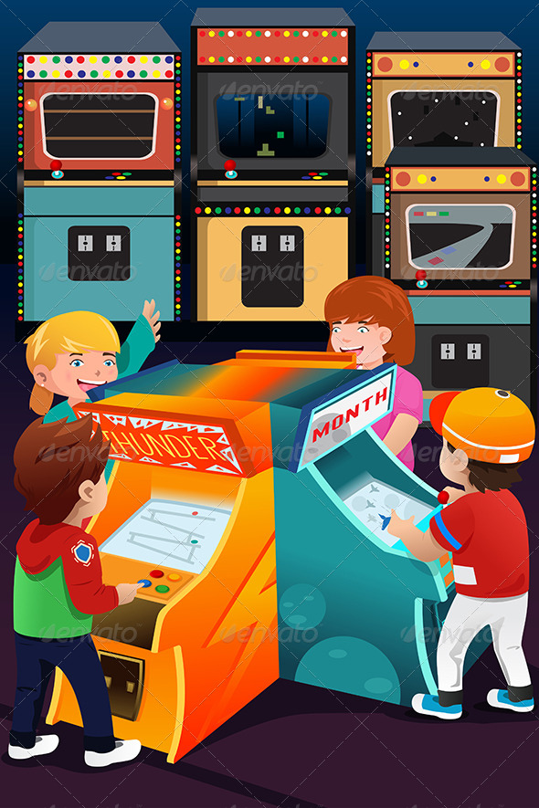 Kids Playing Arcade Games - People Characters