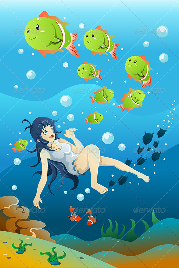 Girl Swimming in the Ocean - People Characters
