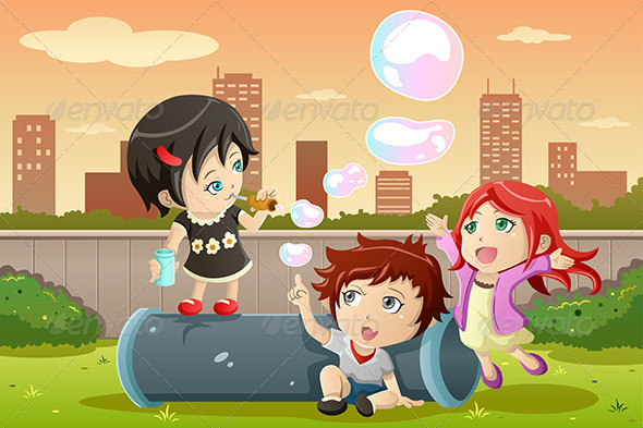 Kids Playing Bubbles - People Characters