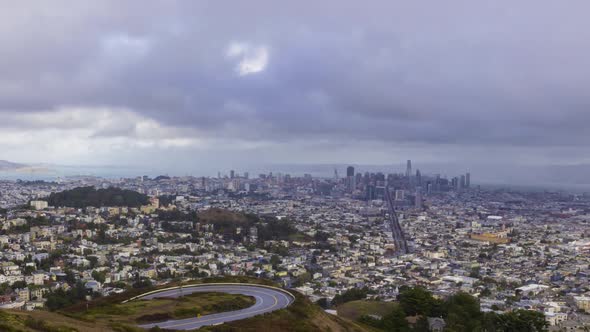 San Francisco City from Twin Peaks, Rainy Cloudy Day. California, USA alt