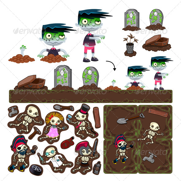 Set of Game Elements with Zombie Characters, Platformer - Characters Vectors