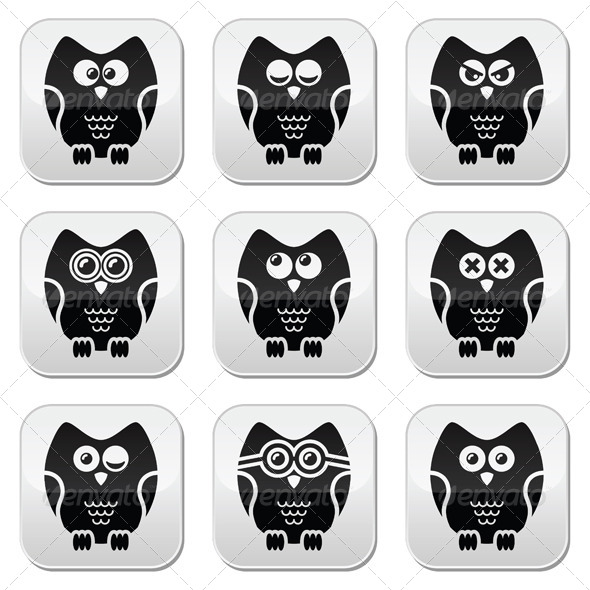 Owl Cartoon Character Button Set - Animals Characters