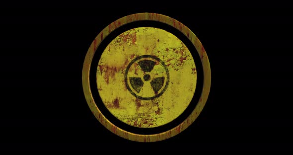 Rusted yellow painted metal radioactive sign spinning. Seamless loop animation alt