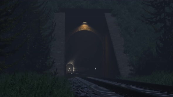 Train leaving an old underground tunnel. Railway transportation. Dark foggy.