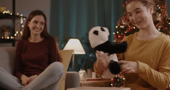 Girl receiving a cute Christmas gift from her sister, family and holidays concept
