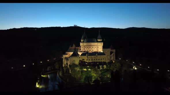 Aerial night view of Bojnice castle in Slovakia