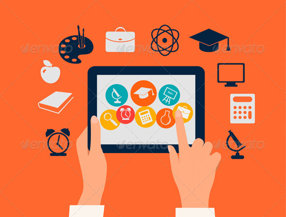 Hands Touching a Tablet with Education Icons - Web Elements Vectors