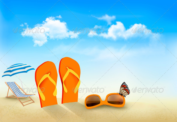 Flip Flops Sunglasses Beach Chair and a Butterfly - Travel Conceptual