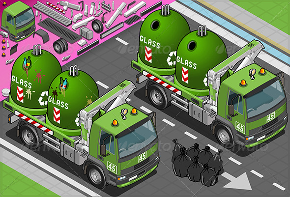 Isometric Glass Garbage Truck with Containers - Objects Vectors