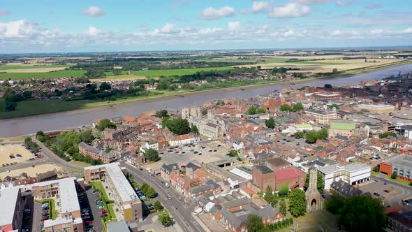 Aerial footage of the beautiful town of King's Lynn a seaport and market town in Norfolk England UK alt