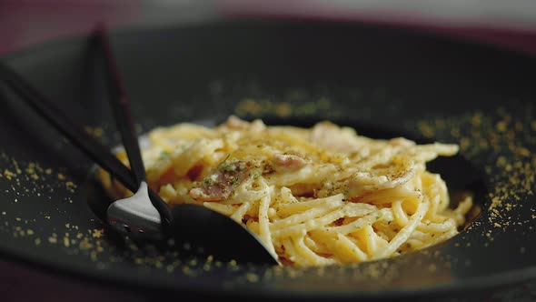 Close Up Shoot of Classic Carbonara Spaghetti Pasta with Egg and Parmesan Cheese and Herbs alt