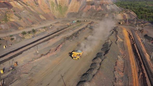 Heavy Dump Truck Carrying the Iron Ore Aerial View