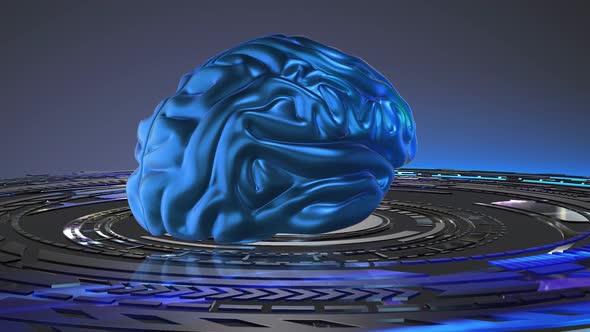 Brain Rotation In Data Flow On An Electronic Platform. Looped Abstract Animation alt