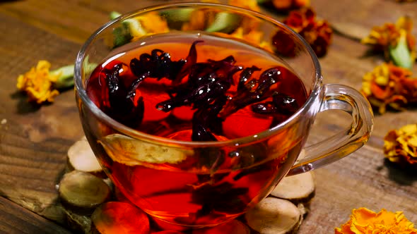 Antioxidant Red Tea From Marigold Flowers, Tea For Colds. Naturotherapy Drink From A Flower