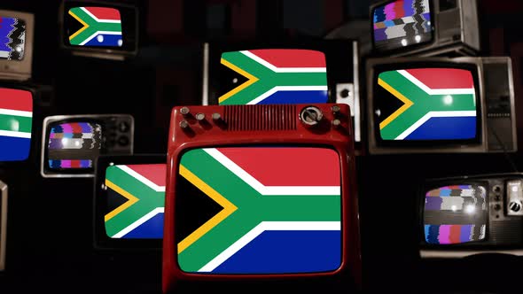 Flag of South Africa on Retro TVs. 4K Resolution.