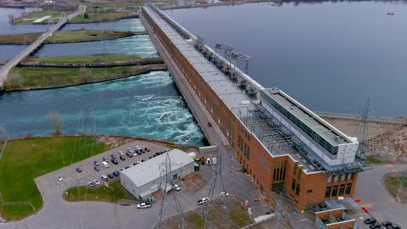 4K aerial view of the Beauharnois Hydroelectric Generating Station on the Saint Lawrence Seaway