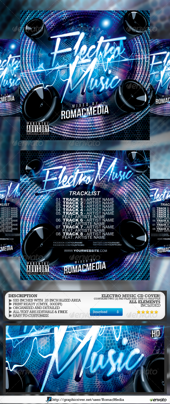 Electro Music CD Cover - CD & DVD Artwork Print Templates
