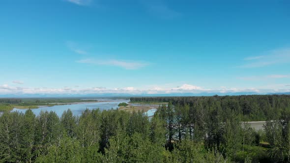 4K Drone Video of Susitna River with Denali Mountain in Distance on Alaska Summer Day alt