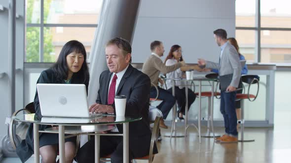 Two mature business people meet and use laptop computer