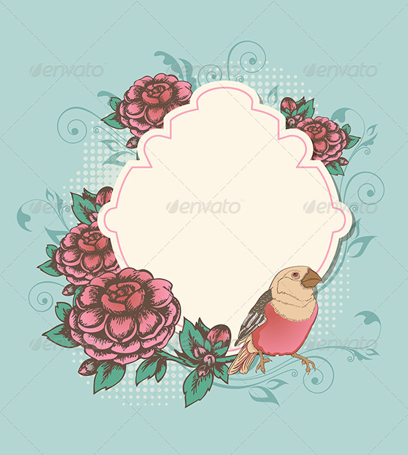 Label with Pink Roses and Bird - Flowers & Plants Nature