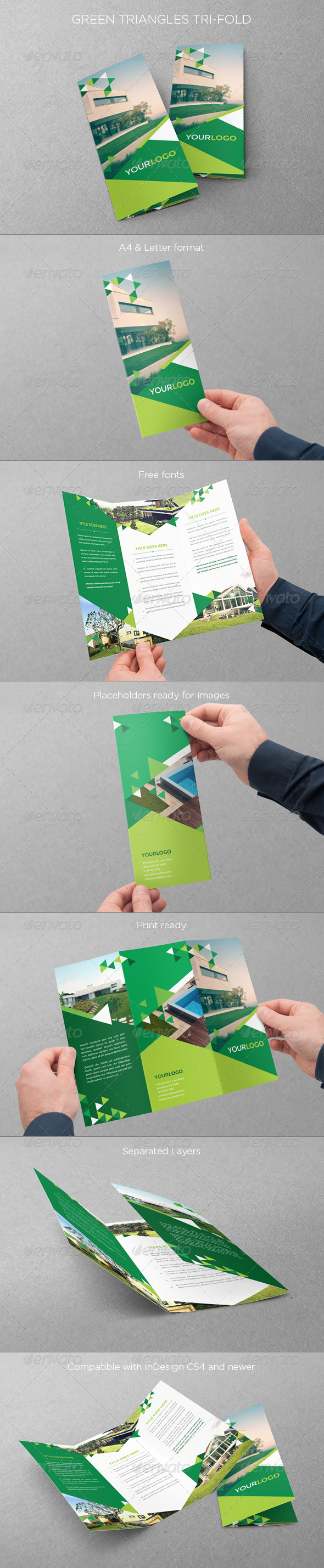 Green Triangles Trifold - Brochures Print Templates