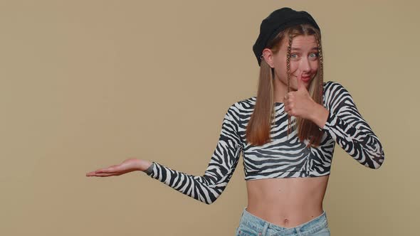 Woman Showing Thumbs Up and Pointing Left Empty Place Advertising Area for Commercial Text Logo alt