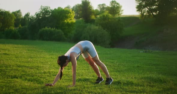 Woman Performs a Plank Exercise Standing on the Grass at Sunset in a Park. Slowly Goes on the alt