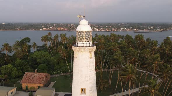 Aerial Drone View of the Old Lighthouse of White Stone Located on the Island