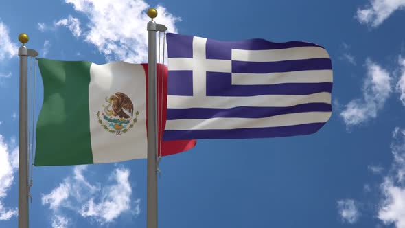 Mexico Flag Vs Greece Flag On Flagpole alt
