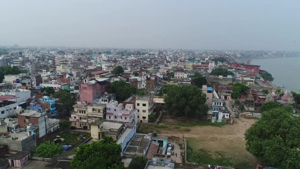 City of Varanasi or Benares in Uttar Pradesh in India seen from the sky alt