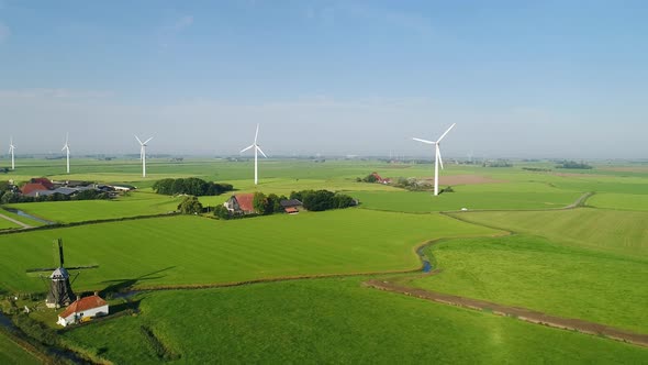 Wind turbines and wind mill in field, Almere, Nederland