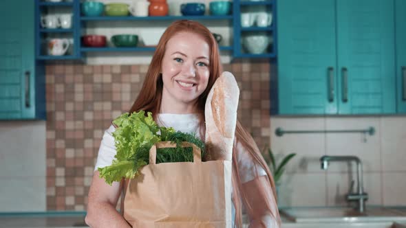 Products with home delivery in paper bag. Purchase and delivery of fresh food alt