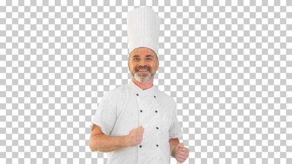Mature chef with beard and in white uniform dancing, Alpha Channel alt