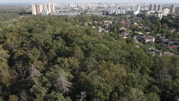 Megalopolis Next To the Forest: the Contact Between the Big City and Nature. Aerial View. Slow alt