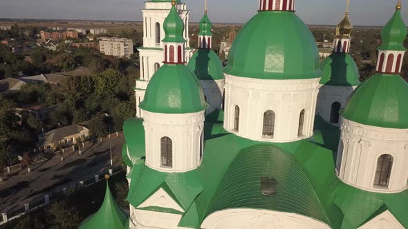 Aerail view to Cathedral Nativity Blessed Virgin in Kozelets, Chernihiv region, Ukraine alt