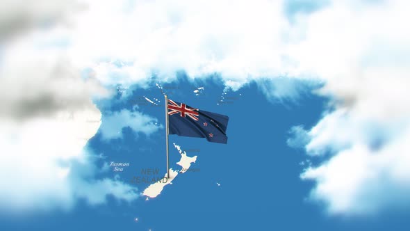 New Zealand Map And Flag With Clouds