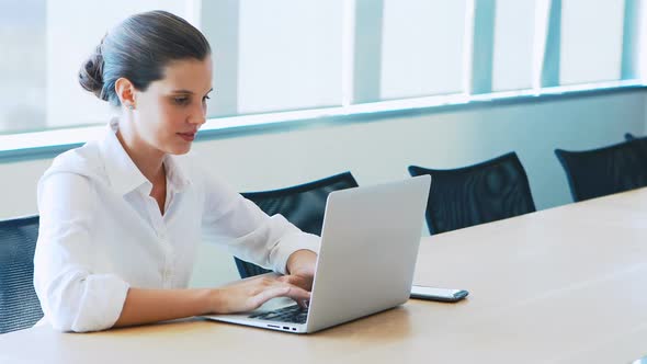 Cheerful executive using laptop in conference room alt