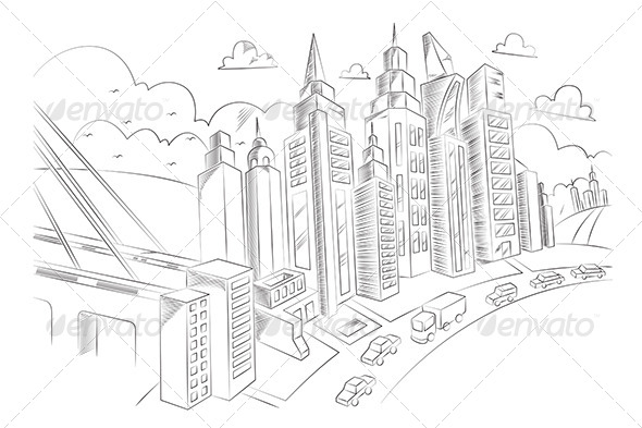 Hand Drawing of City Life - Buildings Objects